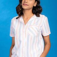 Chevron Stripes White Rayon Shirt - Pyjama Set