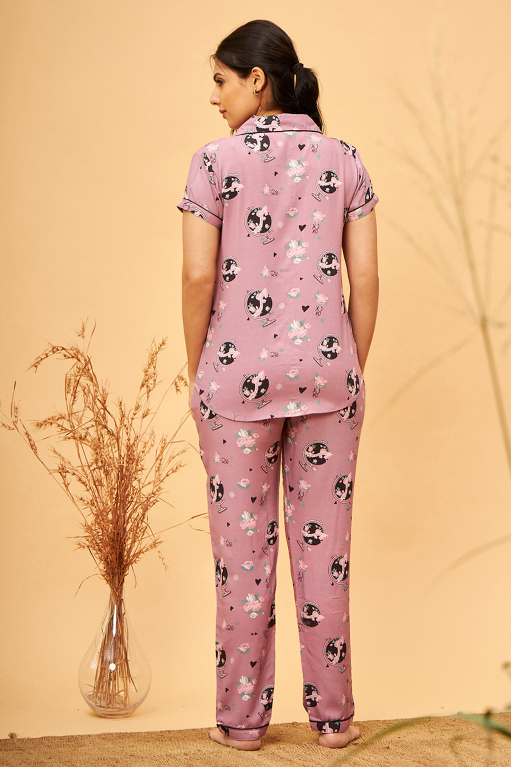 Salmon Rayon Pink Shirt - Pyjama Set