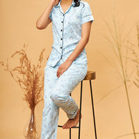 Lazuline Satin Blue Stripes Shirt - Pyjama Set