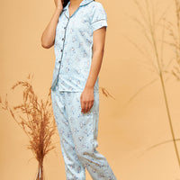Lazuline Satin Blue Stripes Shirt - Pyjama Set