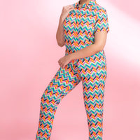 Zig Zag & Back Multi Colour Rayon Shirt Pyjama Set