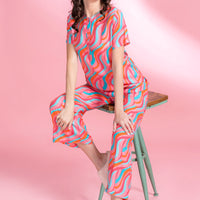 Crazy Wavy Pink Rayon Shirt Pyjama Set