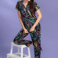 Dark Doodles Black Rayon Shirt Pyjama Set