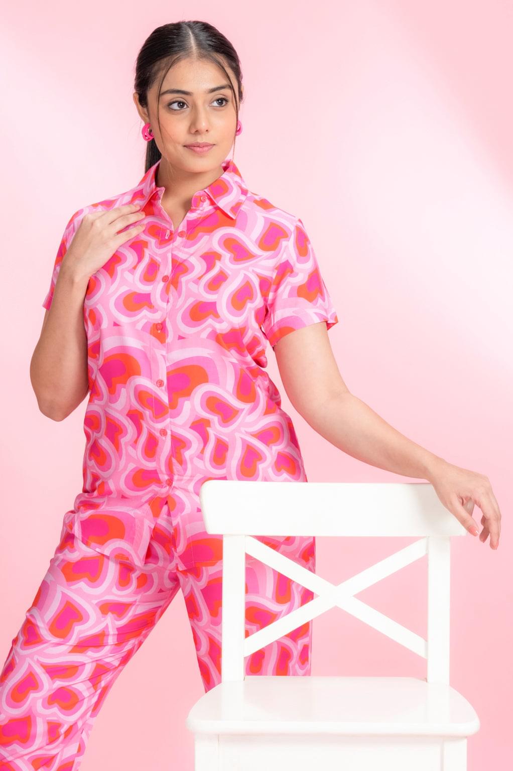 All Hearts Pink Rayon Shirt Pyjama Set