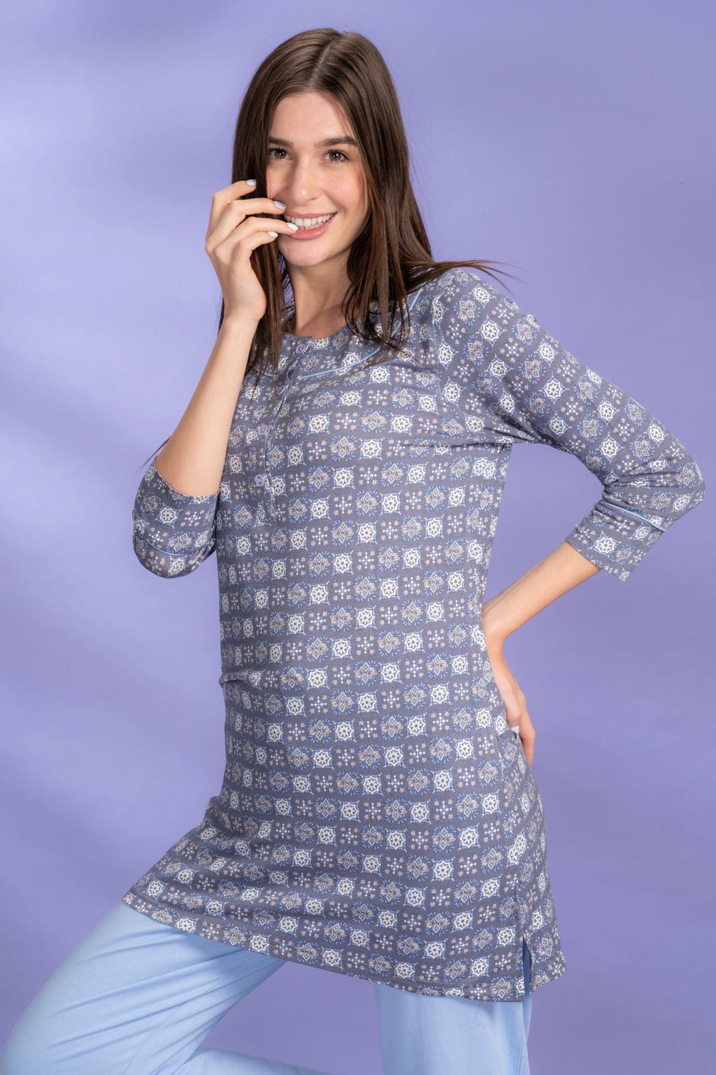 Chika Blue Modal Long Top Pyjama Set