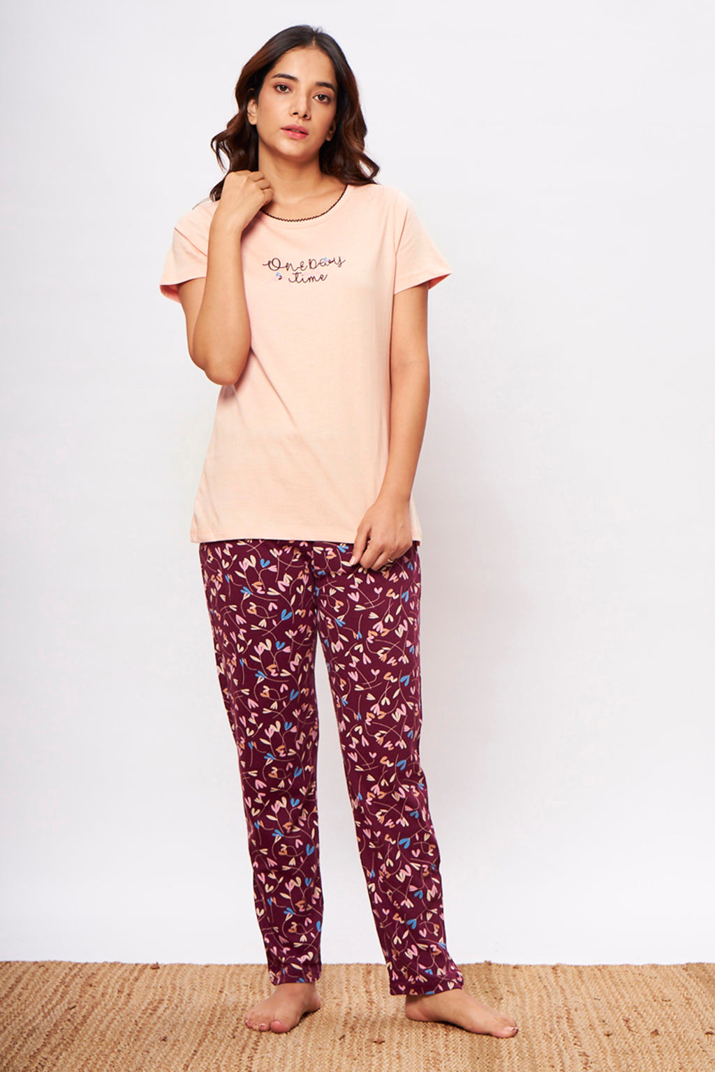 Dillies Knitted cotton Peach T-Shirt - Pyjama set