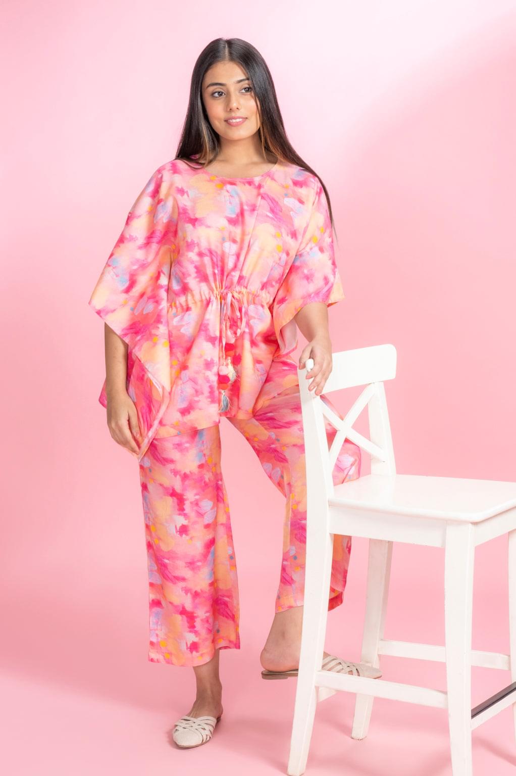 Champagne &  Roses Pink Rayon Kaftan - Pyjama