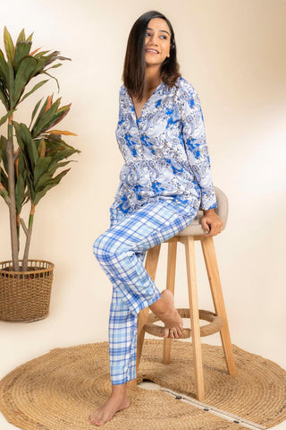 Bluemious You Blue Rayon Shirt Pyjama Set