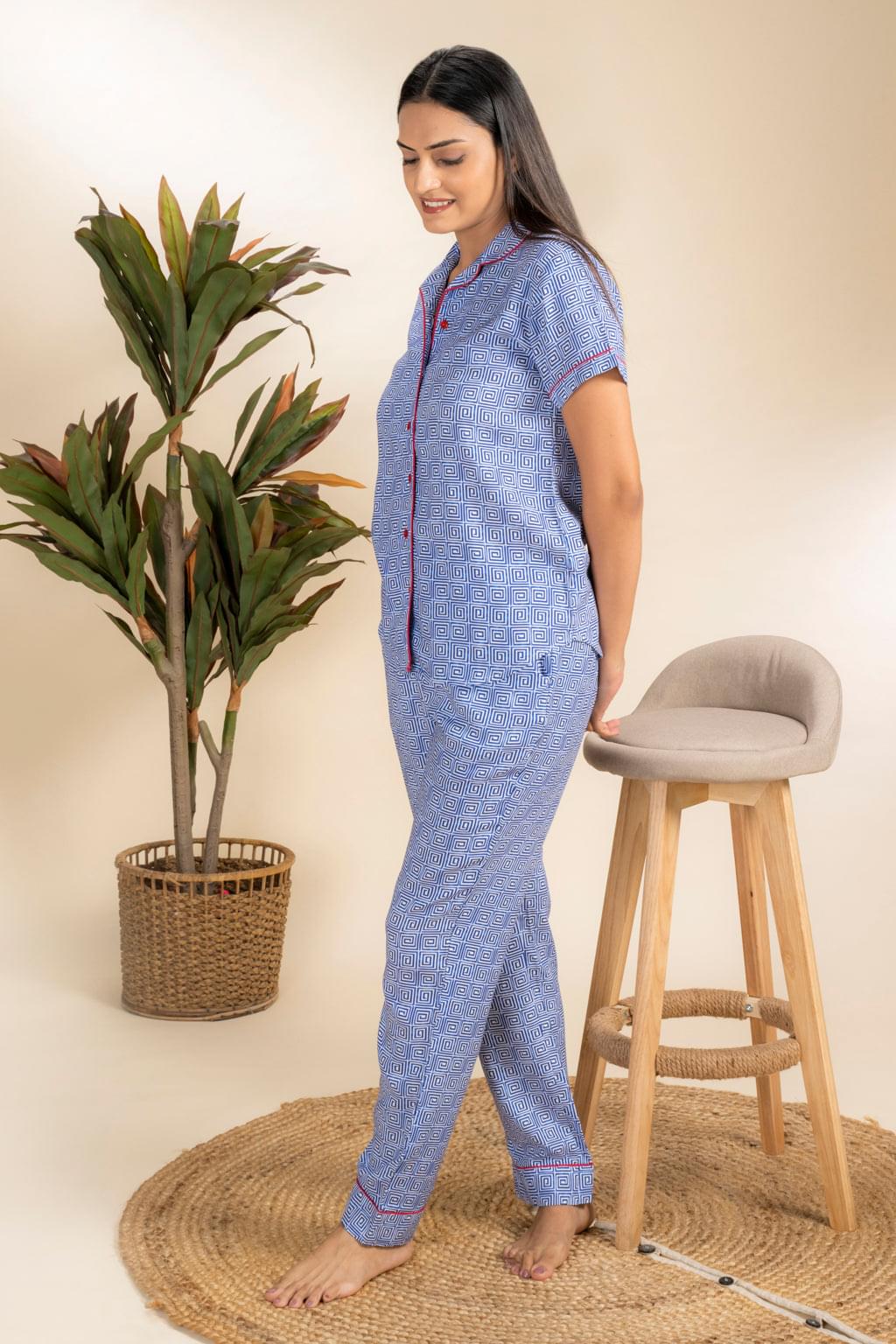 Blue Ray Blue Rayon Shirt Pyjama Set