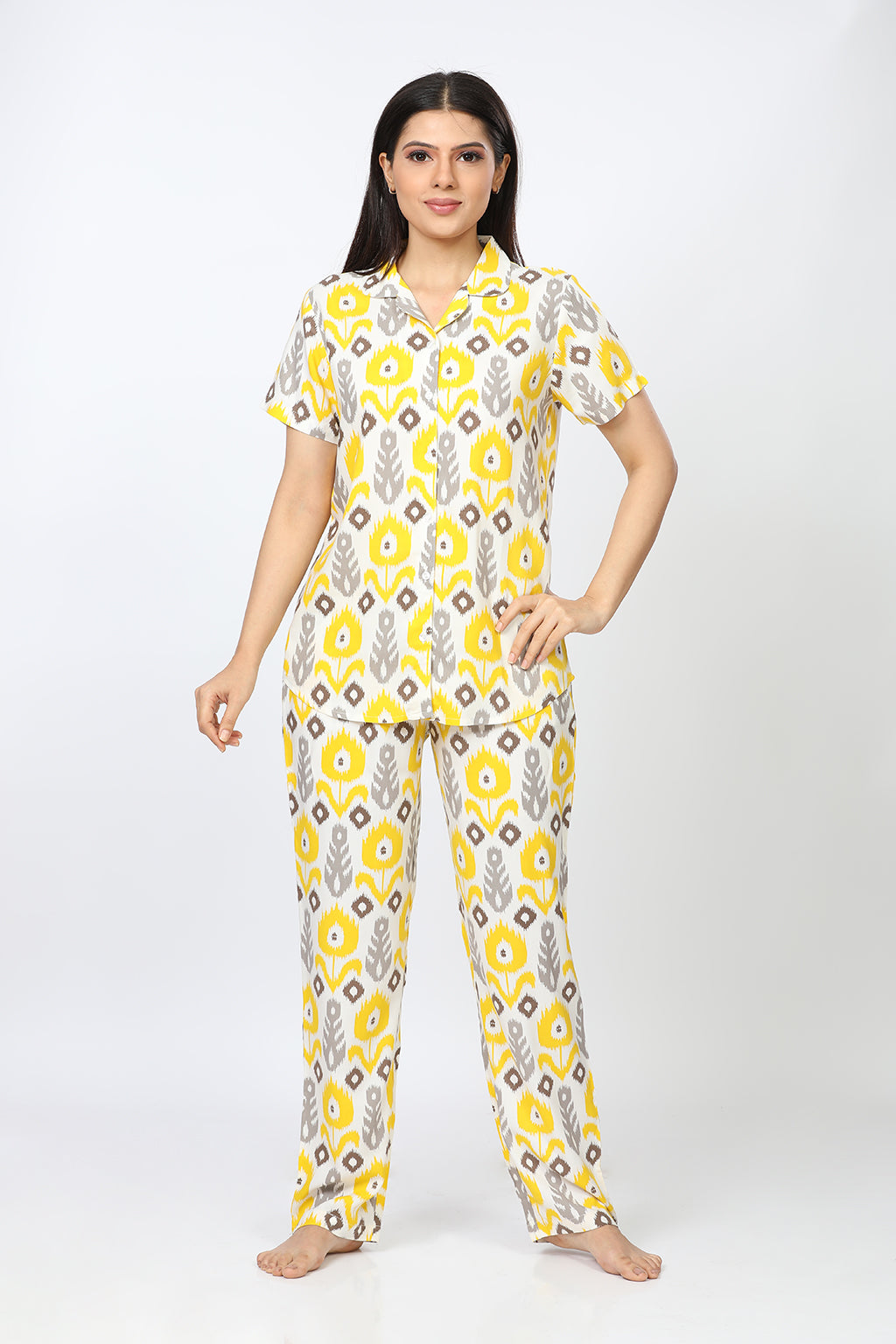 Maize Rayon Yellow Shirt - Pyjama Set