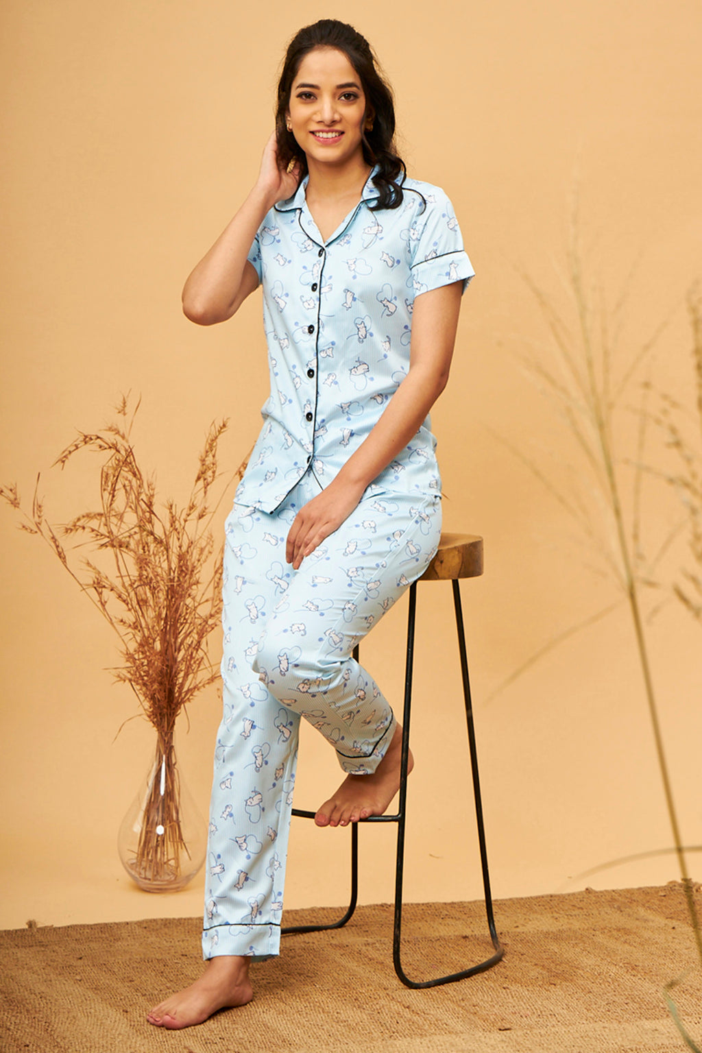Lazuline Satin Blue Stripes Shirt - Pyjama Set