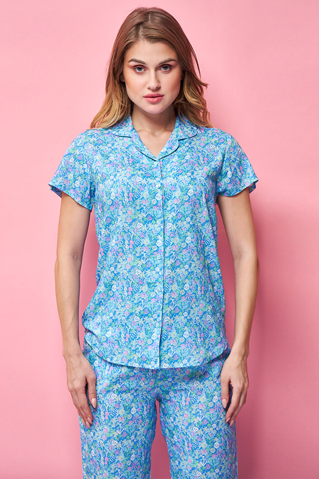 Blue Essence Rayon Blue Shirt - Pyjama Set