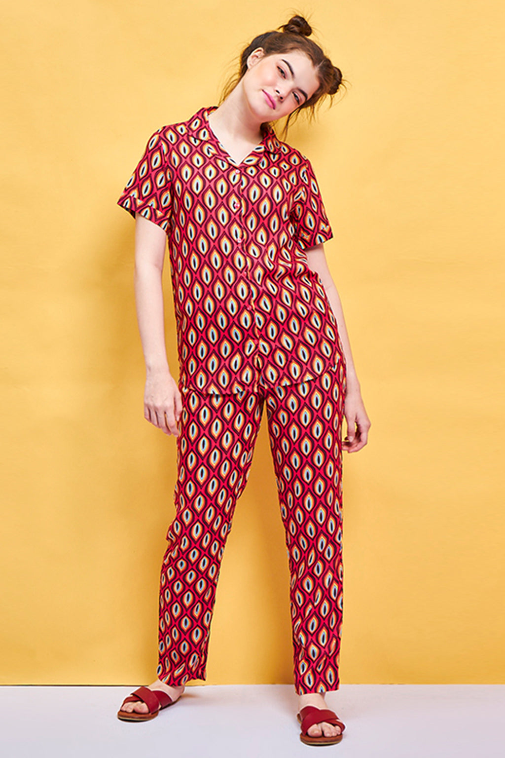 Crimson Spice Rayon Pink Shirt - Pyjama Set