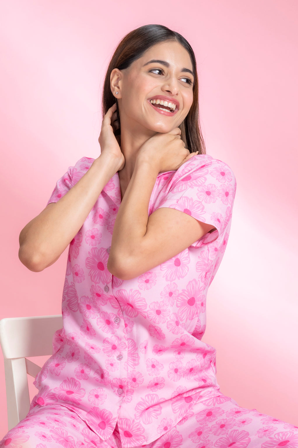 First Love Pink Rayon Shirt Pyjama Set