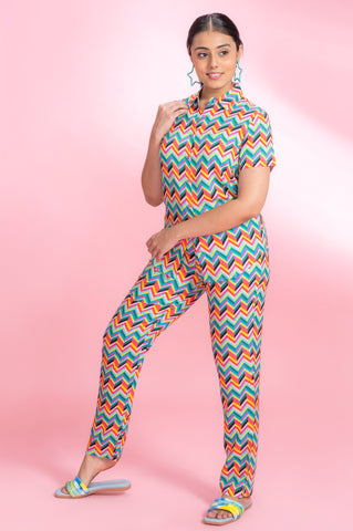 Zig Zag & Back Multi Colour Rayon Shirt Pyjama Set