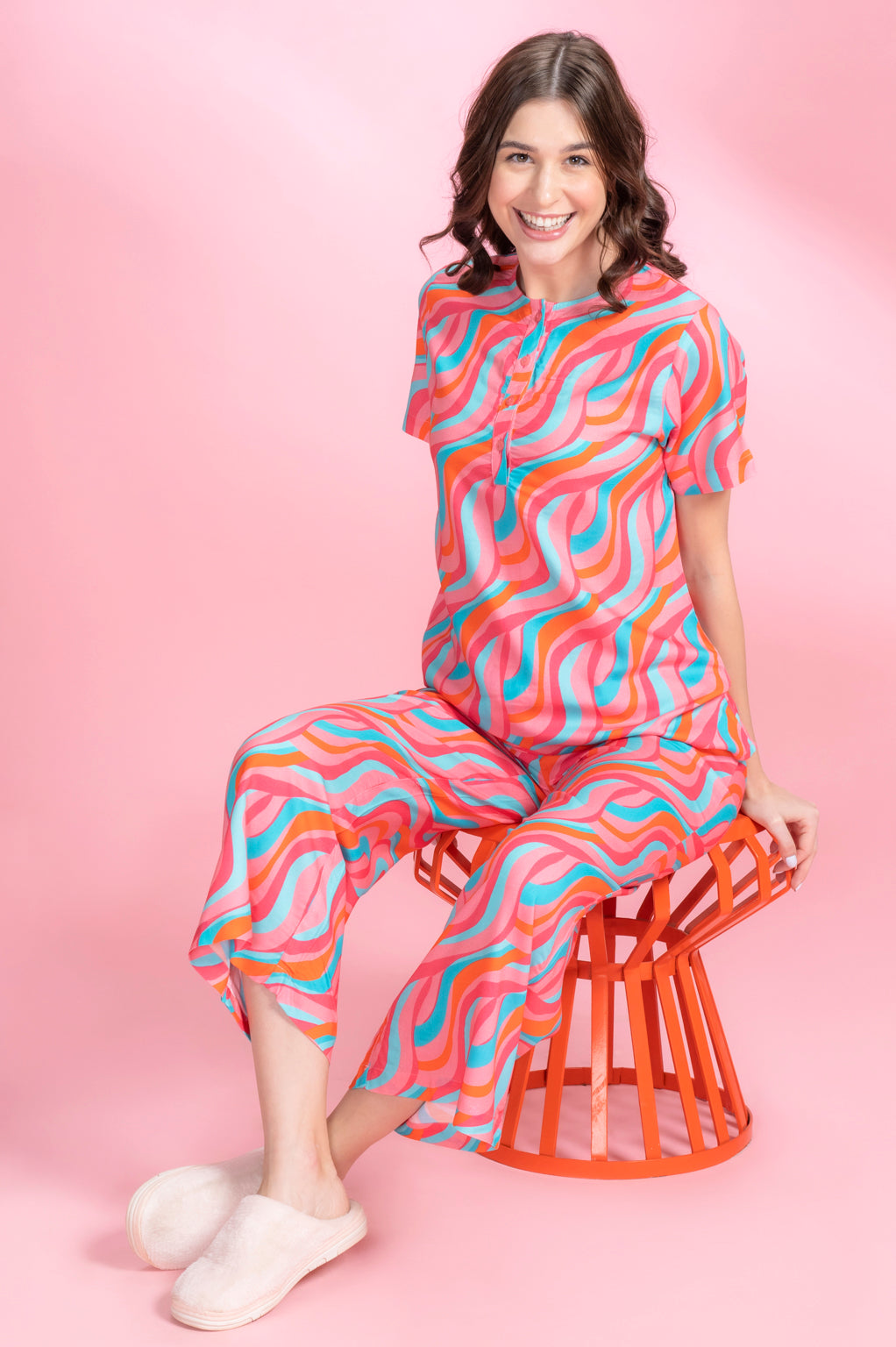 Crazy Wavy Pink Rayon Shirt Pyjama Set