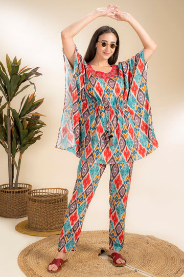 Siti Red Rayon Kaftan - Pyjama Set