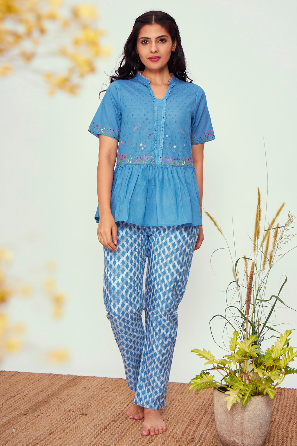 Greta Blue Cotton Shirt Pyjama Set