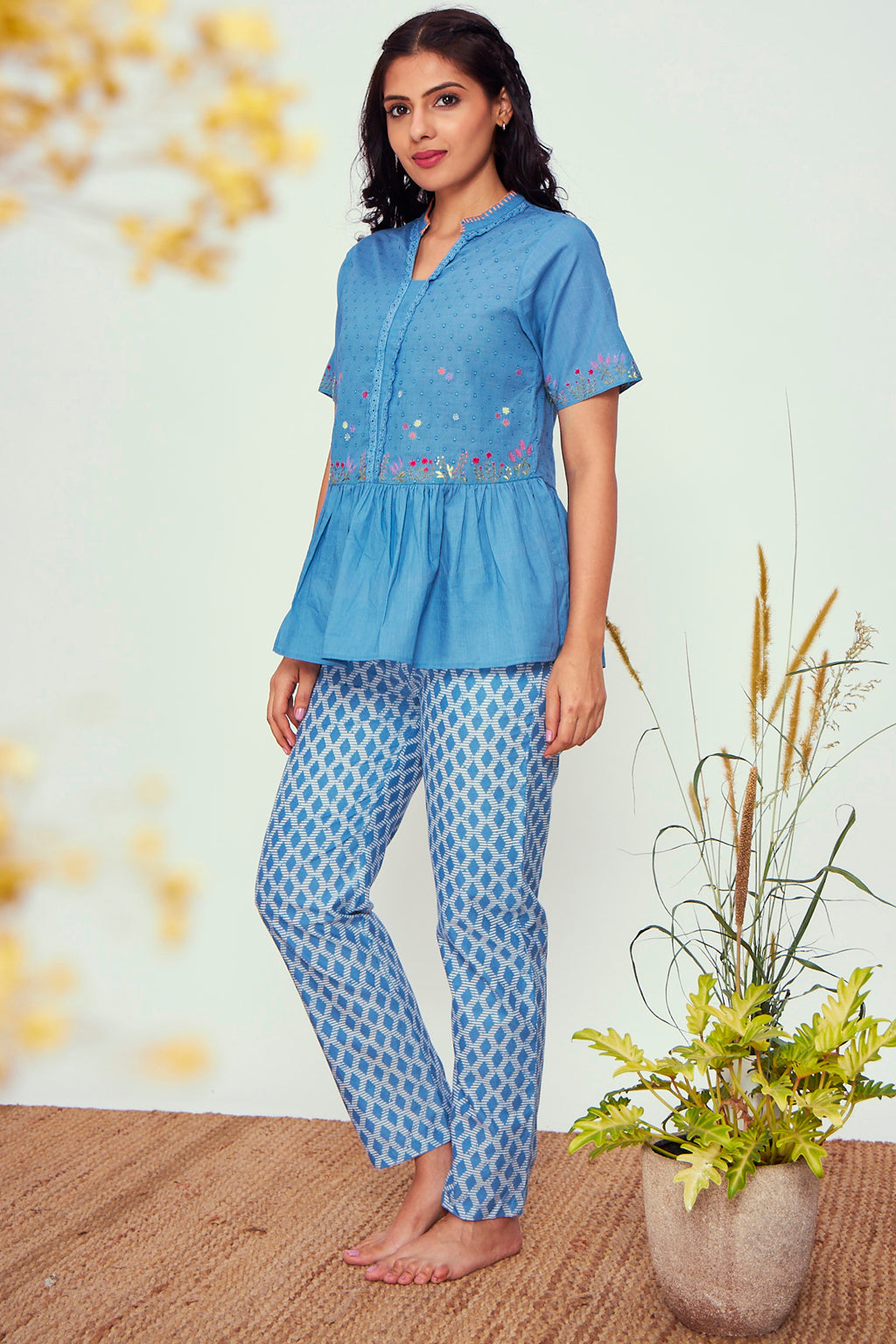 Greta Blue Cotton Shirt Pyjama Set