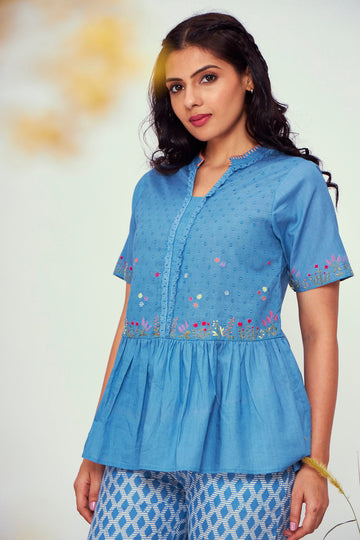 Greta Blue Cotton Shirt Pyjama Set