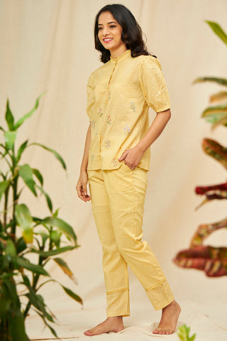 Sapphire Yellow Cotton Shirt Pyjama Set