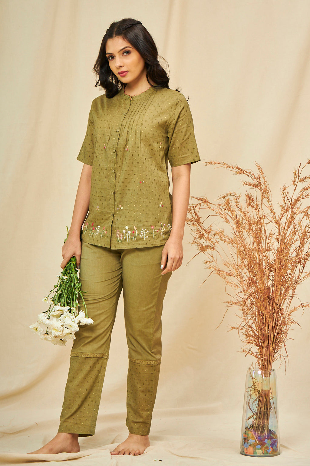 Penina Green Cotton  Shirt-Pyjama Set