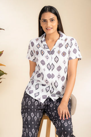 Kaleidoscopic Black Rayon Shirt Pyjama Set
