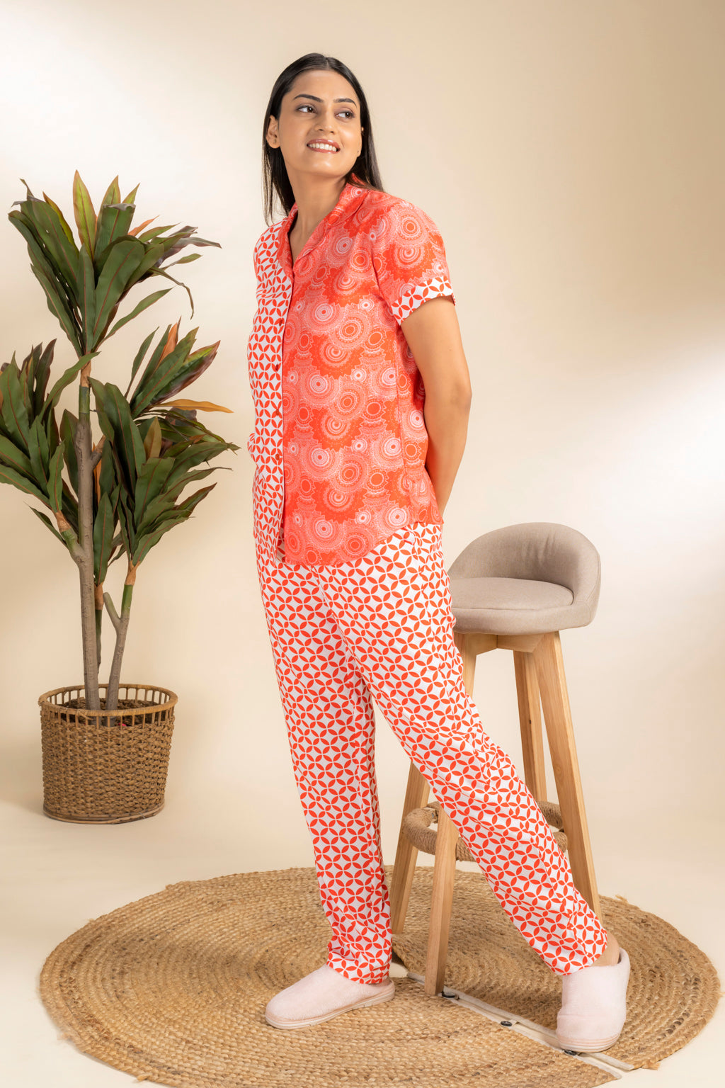 Reel Balanced Red Rayon Shirt Pyjama Set