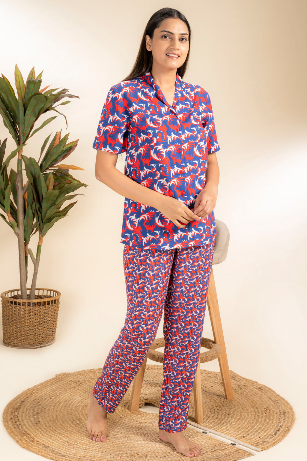 Duo Film Blue Rayon Shirt Pyjama Set
